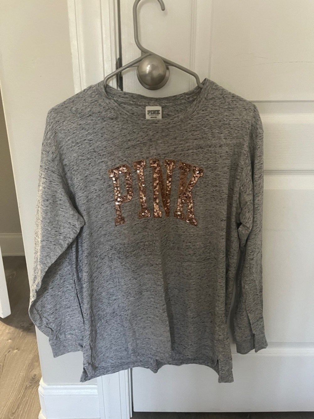 PINK Victoria's Secret Gray Long-Sleeve Top with Rose Gold Sequin Logo